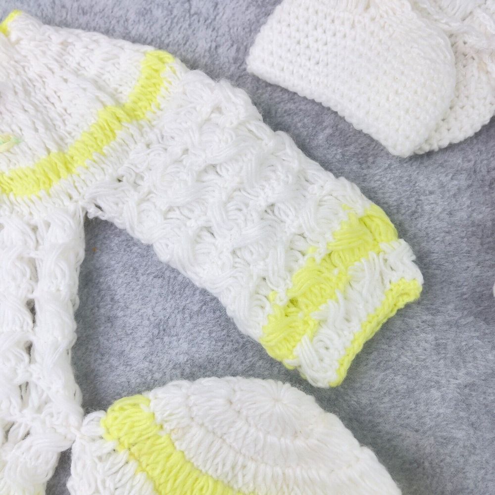 Vintage Handmade Yellow White Knit Baby Set Outfit Dress  Booties Bonnet Doll - Picture 7 of 14